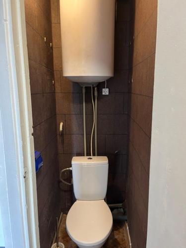 een toilet in een kleine badkamer met een tank bij Viesite in Viesīte