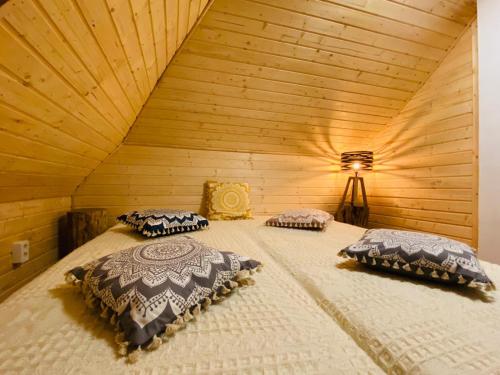 - 2 lits dans une chambre dotée d'un plafond en bois dans l'établissement BATS CAVE HUT - Transylvania - Hot-Tub - Sauna, à Sub Piatra