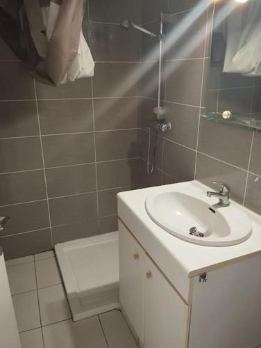 une salle de bain avec un lavabo et une douche dans l'établissement logement pour la famille, à Orvault