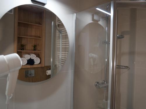 ein Bad mit einer Dusche und einem Spiegel in der Unterkunft Apartament Laguna Beskidów 57 Góry i Jezioro - Dream Apart in Zarzecze