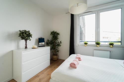 a white bedroom with a white bed and a window at Nice Apartment - Near Sky Tower - Private Parking in Wrocław