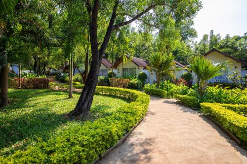 a walkway in front of a house with trees and bushes at White Woods Resort, Morjim in Morjim