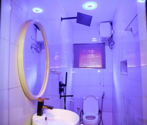 a bathroom with a sink and a mirror and a toilet at Somewhere Apartment in Gwarinpa