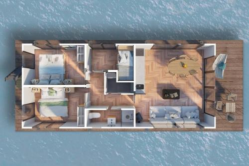 a rendering of a floor plan of a house at Surla houseboat "Nevel" Kagerplassen with tender in Buitenkaag
