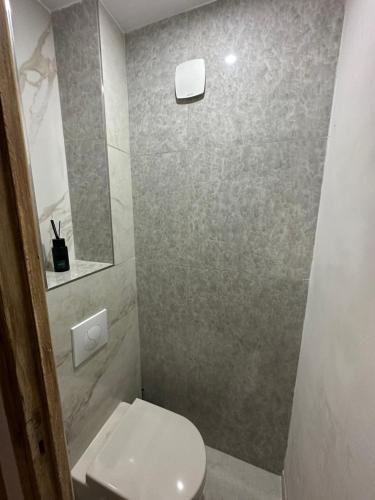 une salle de bain avec des toilettes blanches et un miroir dans l'établissement Appartement climatisé avec balcon, à Fréjus