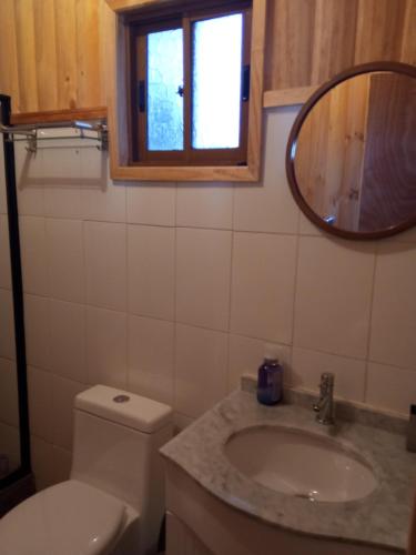 a bathroom with a toilet and a sink and a mirror at Cabaña "El Gringo" in Coñaripe
