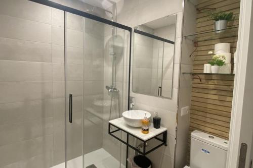 een badkamer met een glazen douche en een wastafel bij Fernando de Magallanes 15, Bajo en segunda línea de playa in Sanlúcar de Barrameda