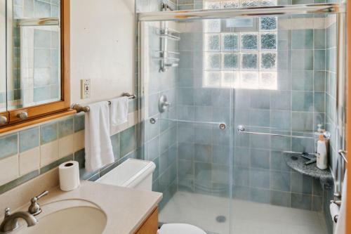 a bathroom with a shower and a toilet and a sink at Private 4 bed home in 1 acre lot - 10 mins to IAD airport in Herndon