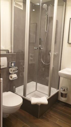 a bathroom with a shower and a toilet at Restaurant und Hotel Alter Brunnen 