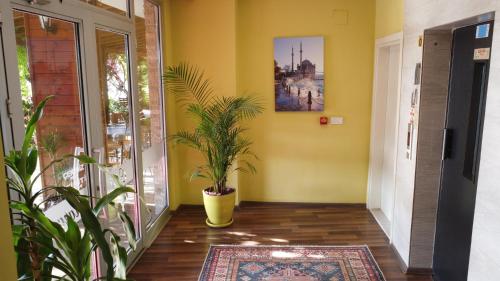 un corridoio con una pianta su un muro giallo di Karacan Park Hotel - Dalaman Airport a Dalaman