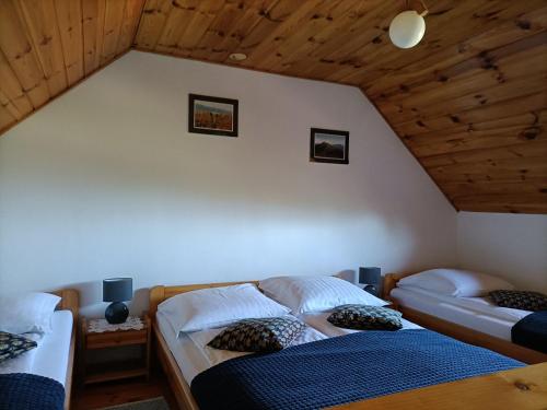 two beds in a attic room with wooden ceilings at Mala Chatka in Wetlina