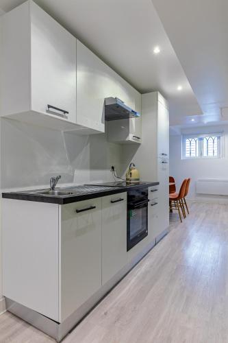 une cuisine blanche avec un évier et une cuisinière dans l'établissement Strasbourg centre Oberlin, à Strasbourg