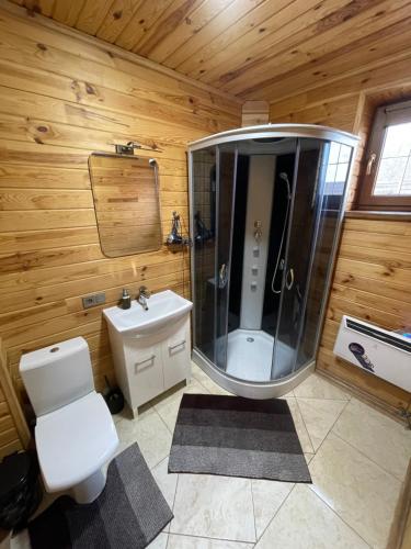 ein Bad mit einer Dusche, einem WC und einem Waschbecken in der Unterkunft 4REST 