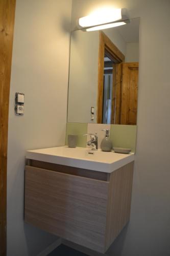 une salle de bain avec un lavabo et un miroir dans l'établissement Gîtes Du Stekala, à Kaysersberg