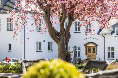 un arbre devant un bâtiment blanc avec des fleurs roses dans l'établissement Stella Maris, à Svendborg