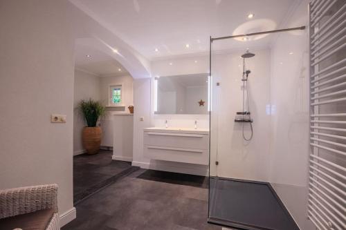 uma casa de banho com um chuveiro, um lavatório e uma banheira em Countryside - experience em Koewacht