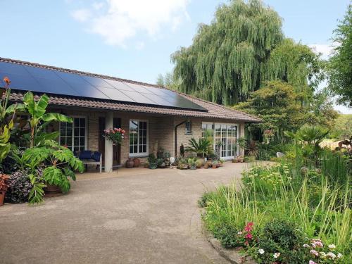 a house with a solar roof and a driveway at Countryside - Experience in Koewacht