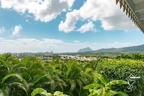 a view of a city from a plantation of palm trees at Villa Marissea in Rivière-Salée