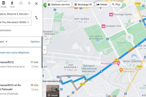a screenshot of a google map with a blue line at Appartement 7 min de l'aéroport de Marrakech in Marrakech