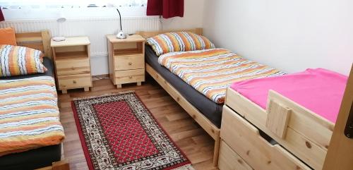 a dorm room with two beds and a rug at Plně vybavený 2+1byt s balkonem a kójí pro kola a lyže. in Rokytnice v Orlických Horách
