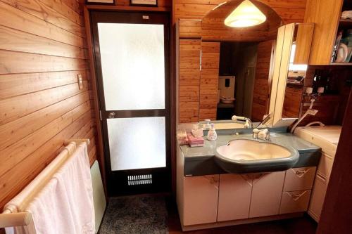 a bathroom with a sink and a large mirror at 【ウポポイ近く】庭付きログハウステイスト・ BBQセットあり 4名様まで同一料金 in Shiraoi