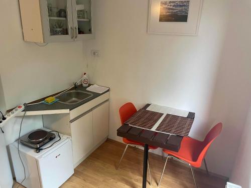 a small kitchen with a sink and a table at Hostel Drenak in Gornje Rataje