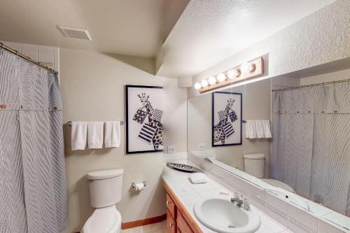 a bathroom with a sink and a toilet and a mirror at Nanacitas Casita in Greeley