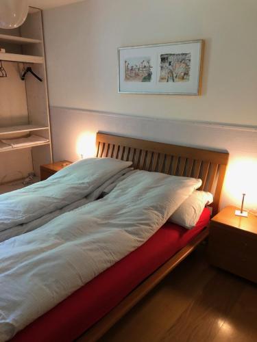 un letto in una camera da letto con due luci accese di B&B Winterthur a Winterthur