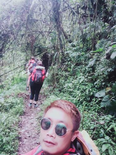 a group of people walking on a trail in the jungle at Las vegas lodge and restaurant in Banaue