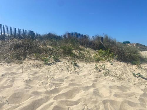 una playa de arena con una valla en el fondo en Vue sur dunes !, en Sangatte
