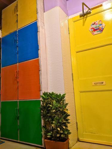 a room with a colorful wall with a door and a plant at Awaara Backpackers Hostel, Alibag in Alibag