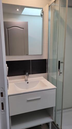 La salle de bains est pourvue d'un lavabo blanc et d'un miroir. dans l'établissement La maison dans le jardin, à Viry-Châtillon