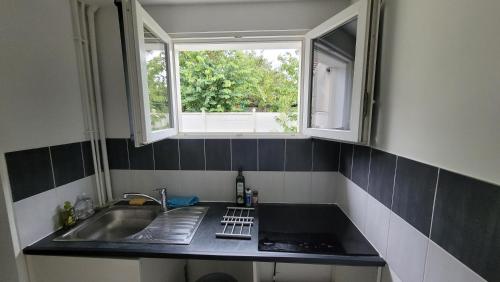 a kitchen with a sink and a window at La maison dans le jardin in Viry-Châtillon