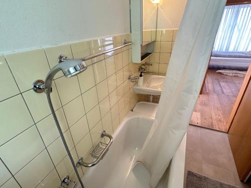 a bathroom with a bath tub and a sink at Alpina Appartment Kandersteg in Kandersteg