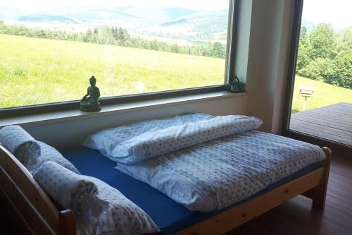Habitación con 2 almohadas en una cama frente a una ventana en Zlatak holiday house en Malá Morava