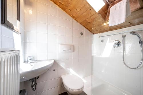 a bathroom with a toilet and a sink and a shower at Berghotel Schlemmer in Bressanone