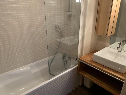 a bathroom with a shower and a sink at Paradiski pied des pistes plan peisey in Peisey-Nancroix