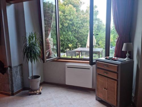 Cette chambre dispose d'une fenêtre avec une plante et une commode. dans l'établissement Château d'Uriage - Duplex avec terrasse privative, à Saint-Martin-dʼUriage