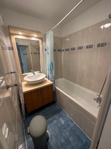 une salle de bain avec un lavabo, une baignoire et des toilettes dans l'établissement Appartement T3 avec jardin et piscine - Luz Saint Sauveur, Val de Roland, à Luz-Saint-Sauveur