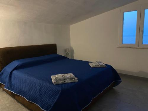 a bedroom with a blue bed with two towels on it at Mare e cielo in Porticello