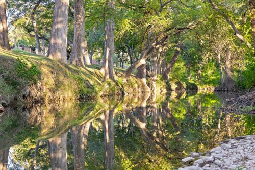 a reflection of trees in a body of water at Camp Comfort in Comfort