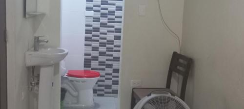 ein kleines Badezimmer mit Waschbecken und Toilette in der Unterkunft Premium Single Room in Corales del Sur, Santo Domingo Este - Ole Las Americas in La Viva