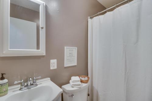 a bathroom with a white sink and a shower at Charlottesville Getaway in Baileys Retreat! in Crozet