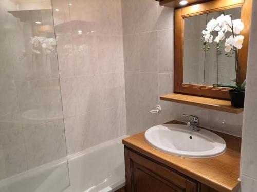 a bathroom with a sink and a glass shower at Très Joli T2 aux pieds des pistes avec Balcon in Orcières