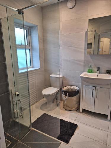 a bathroom with a shower and a toilet and a sink at Spacious, modern first floor flat near beach and ferry in East Cowes