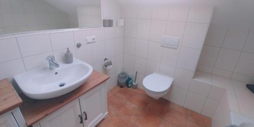 een witte badkamer met een wastafel en een toilet bij Ferienwohnung Bergblick im Tiefenweg 15A in Lenggries