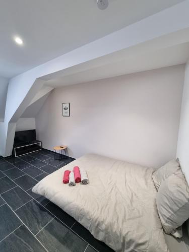 een slaapkamer met een bed met roze schoenen erop bij Le Tokyo - Studio gare in Mulhouse