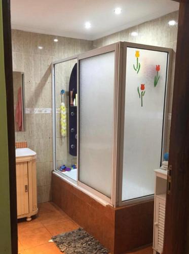 uma cabina de duche numa casa de banho com flores em Casa 