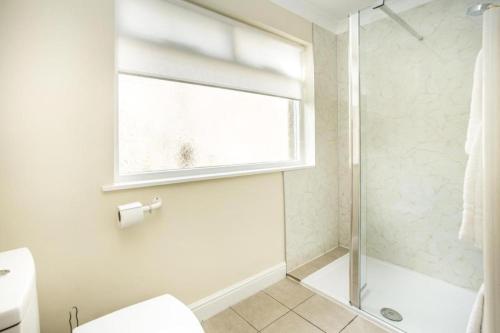 a bathroom with a shower and a toilet and a window at Abbeyside Cottage in Kelso