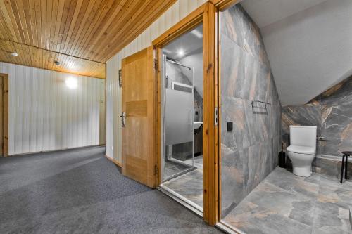 a bathroom with a toilet and a glass door at Vila Vika in Palanga